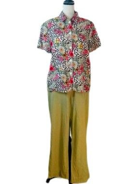 Vintage Selene Sport Linen Floral Animal Print Button-Up Top Olive Pant Set L